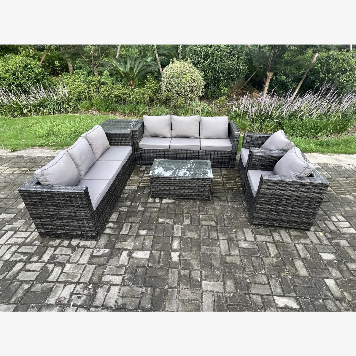Fimous 8-Seater Rattan Set with 2 Armchairs & Side Table - Dark Grey – image 1