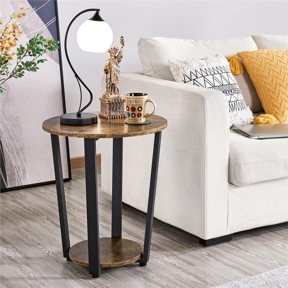 Industrial Round Sofa Table with Storage Rack - Rustic Brown – image 2