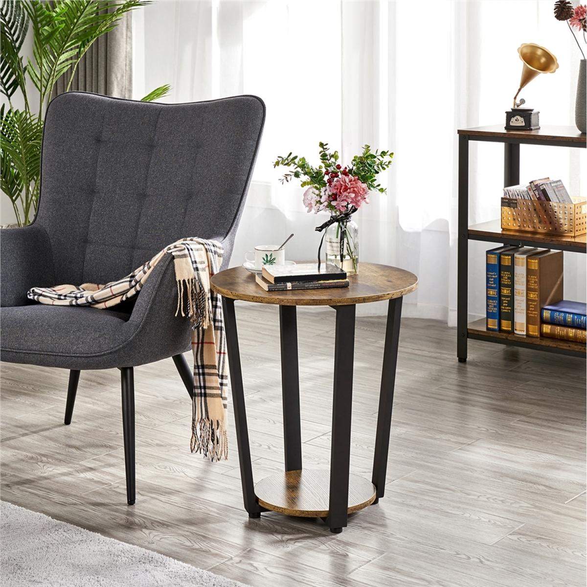 Industrial Round Sofa Table with Storage Rack - Rustic Brown – image 3
