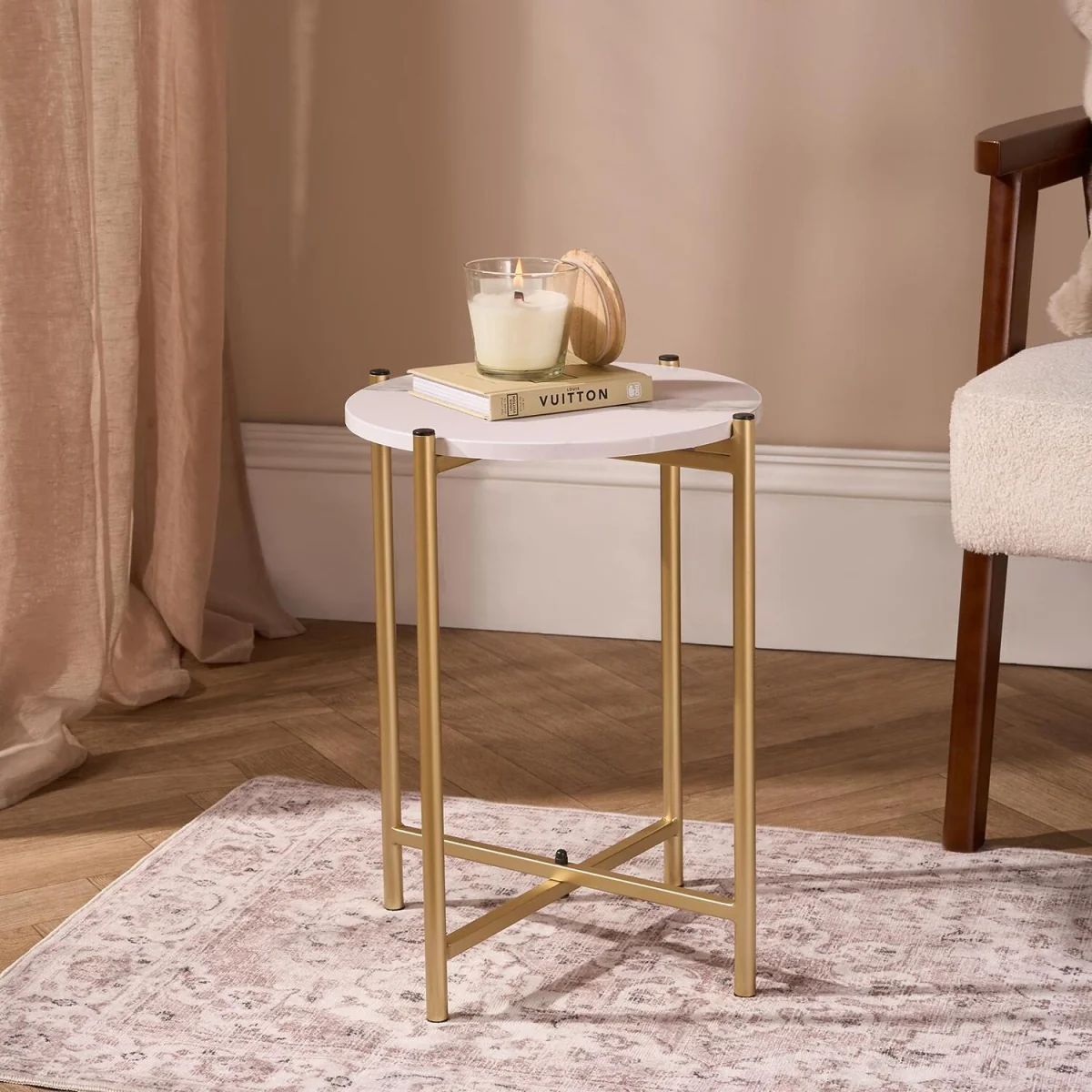 Marble Effect Round Side Table - Gold/White – image 2