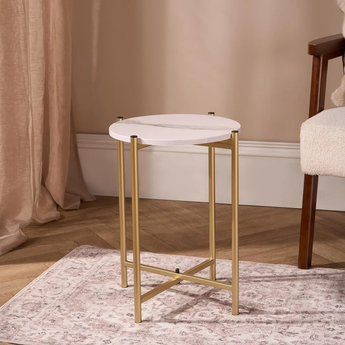 Marble Effect Round Side Table - Gold/White – image 3