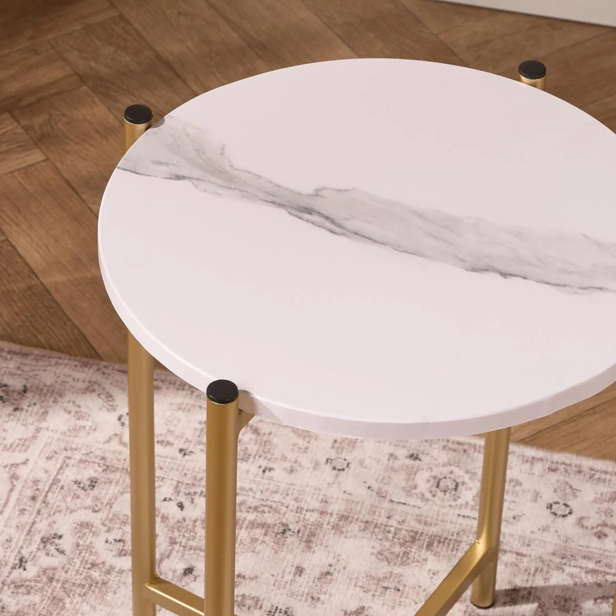 Marble Effect Round Side Table - Gold/White – image 4