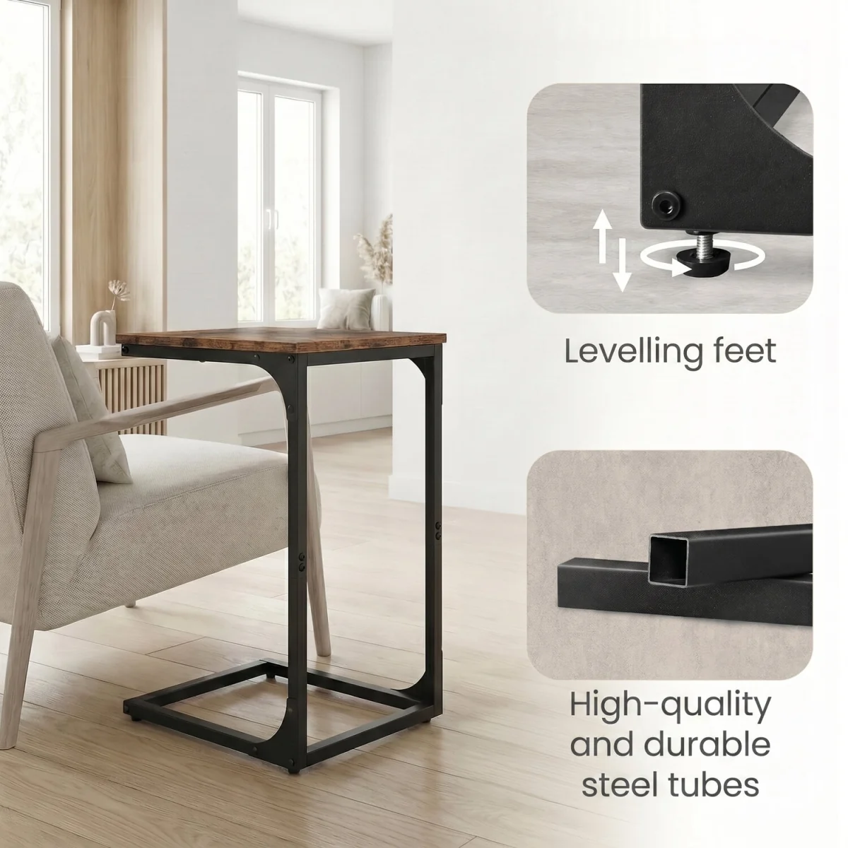 VASAGLE C-Shaped Side Table, Bedside Table, Sofa Side Table - Brown – image 8