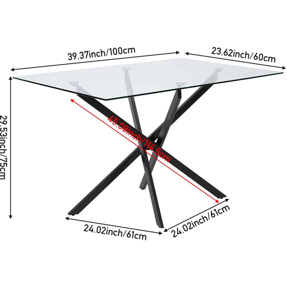 Tempered Glass Side Table with Sturdy Iron Legs - Black & Transparent / 100cm – image 2