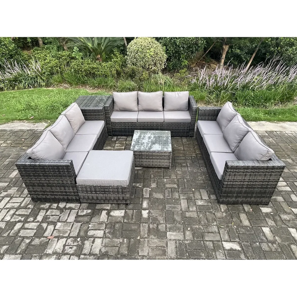 Fimous 10-Seater Rattan Set with Side Table, Coffee Table & Footstool - Dark Grey – image 3
