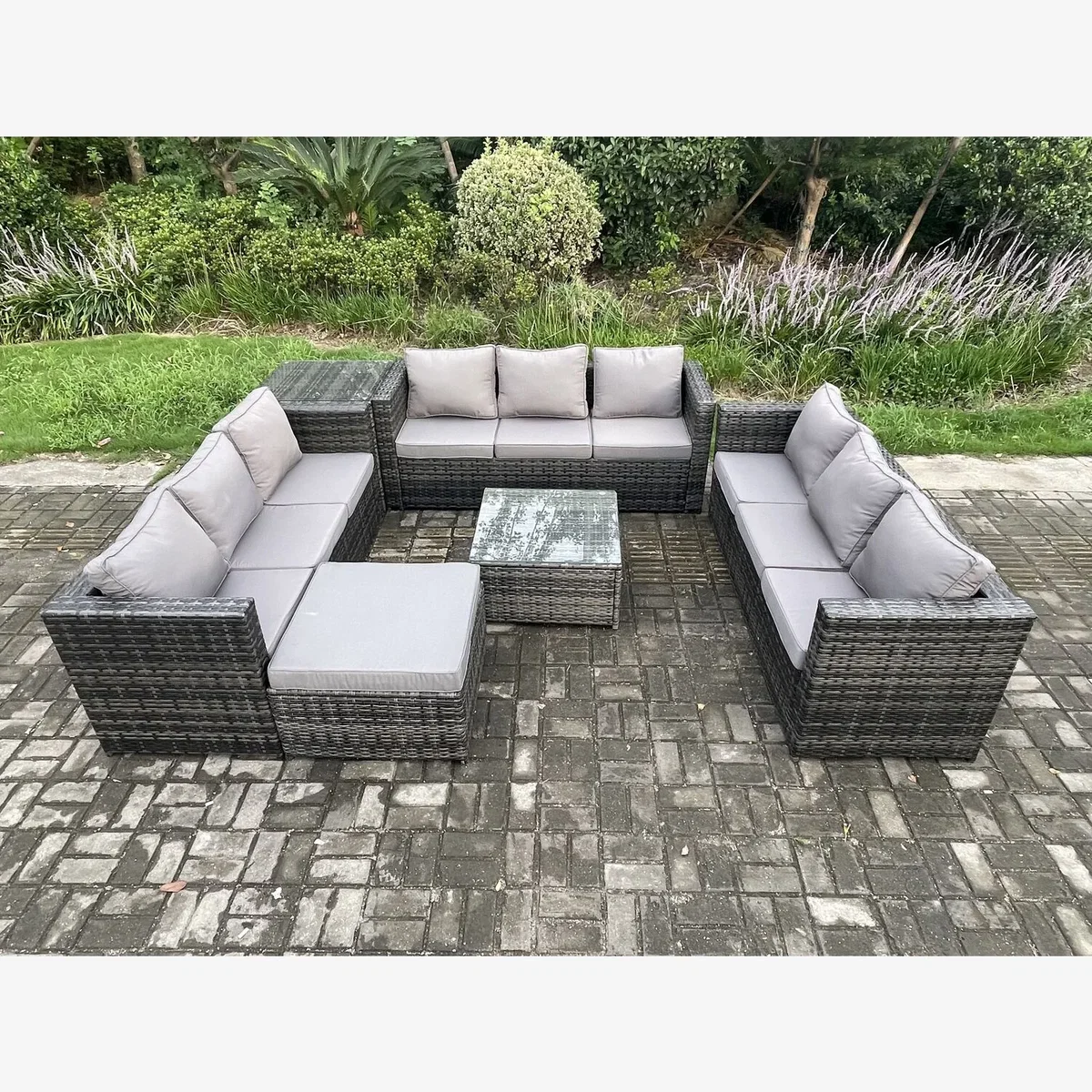 Fimous 10-Seater Rattan Set with Side Table, Coffee Table & Footstool - Dark Grey – image 1