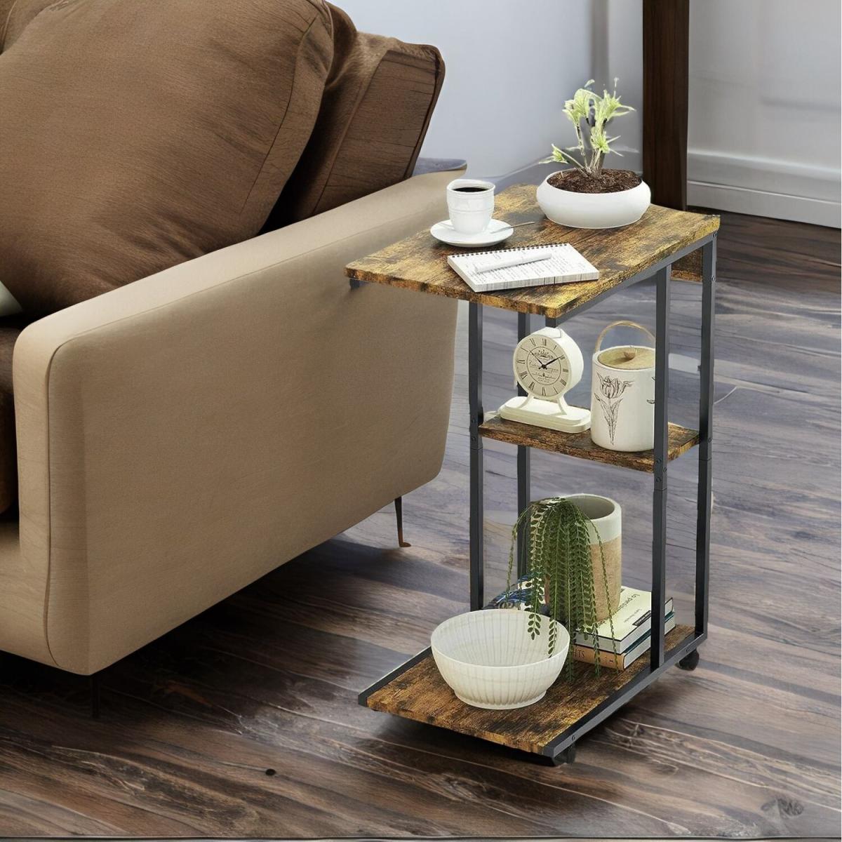 C Shaped Side Table With 3 Shelves and Wheels - Brown