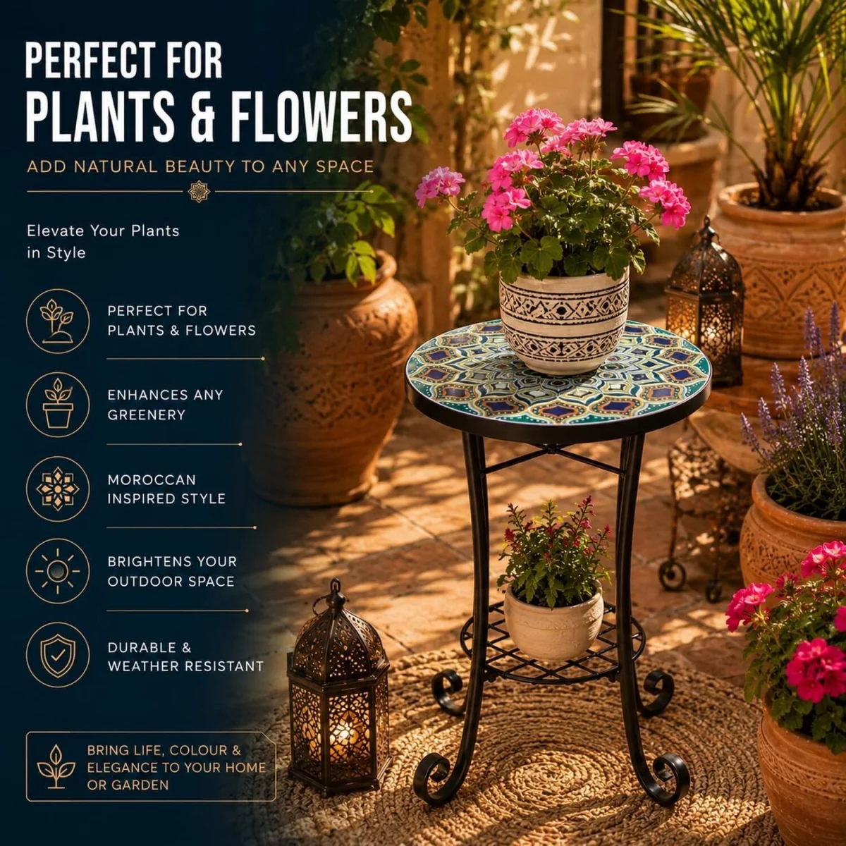 Casablanca Mosaic Plant Stand Side Table - Multi Color frame with mosaic tile seat – image 2
