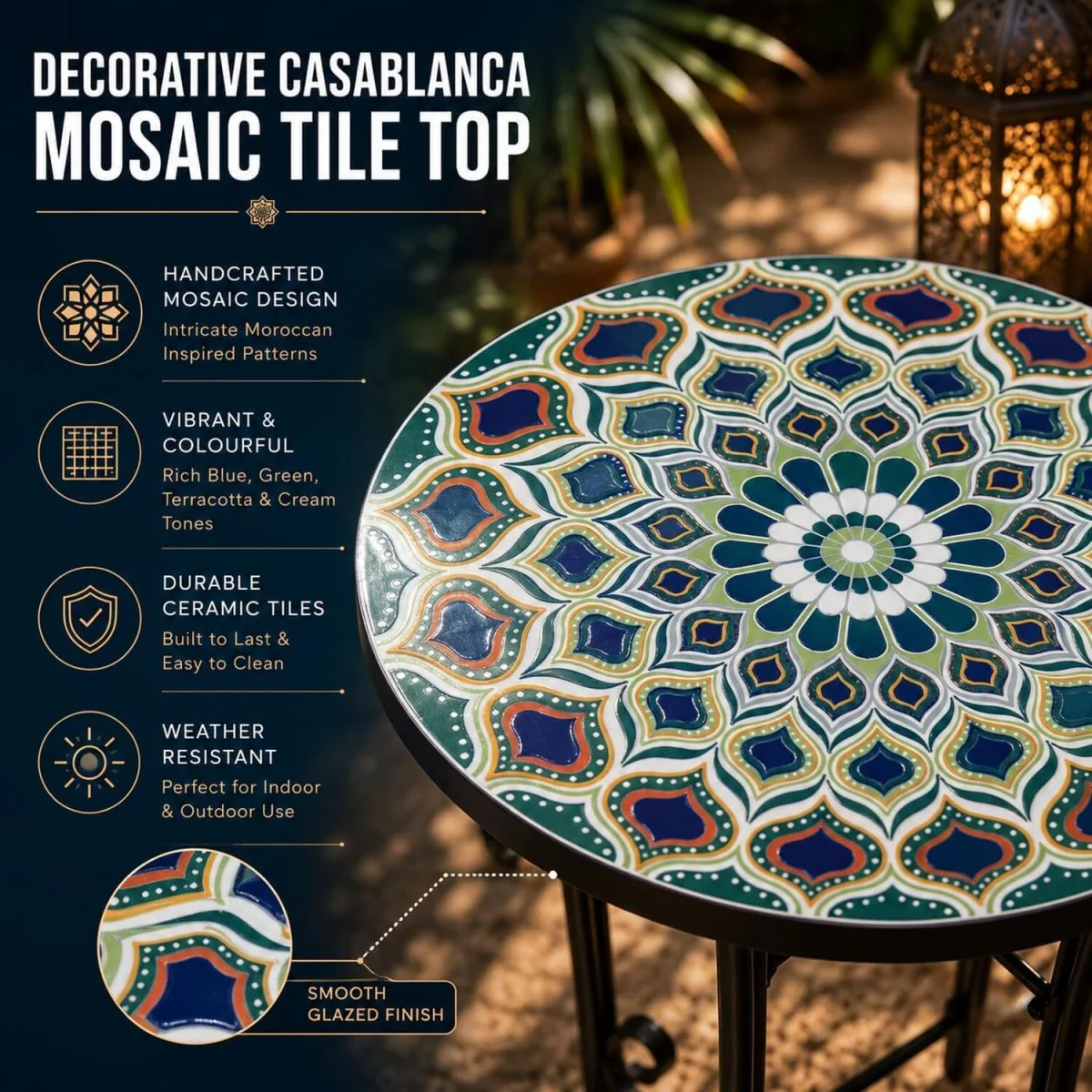 Casablanca Mosaic Plant Stand Side Table - Multi Color frame with mosaic tile seat – image 3