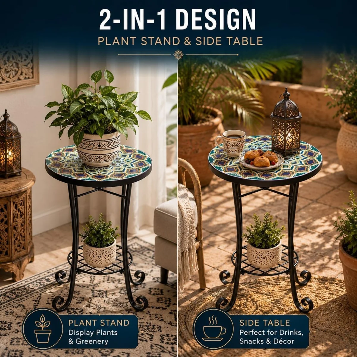 Casablanca Mosaic Plant Stand Side Table - Multi Color frame with mosaic tile seat – image 4