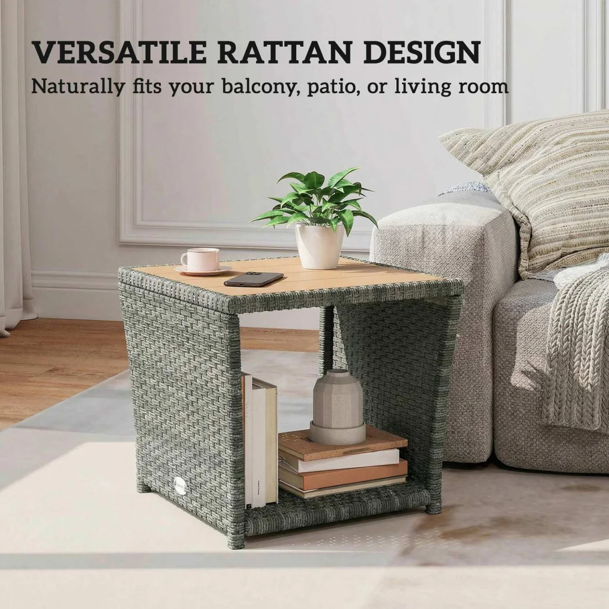 Outsunny Side Table 2-Tier with Storage Shelf - Khaki – image 15
