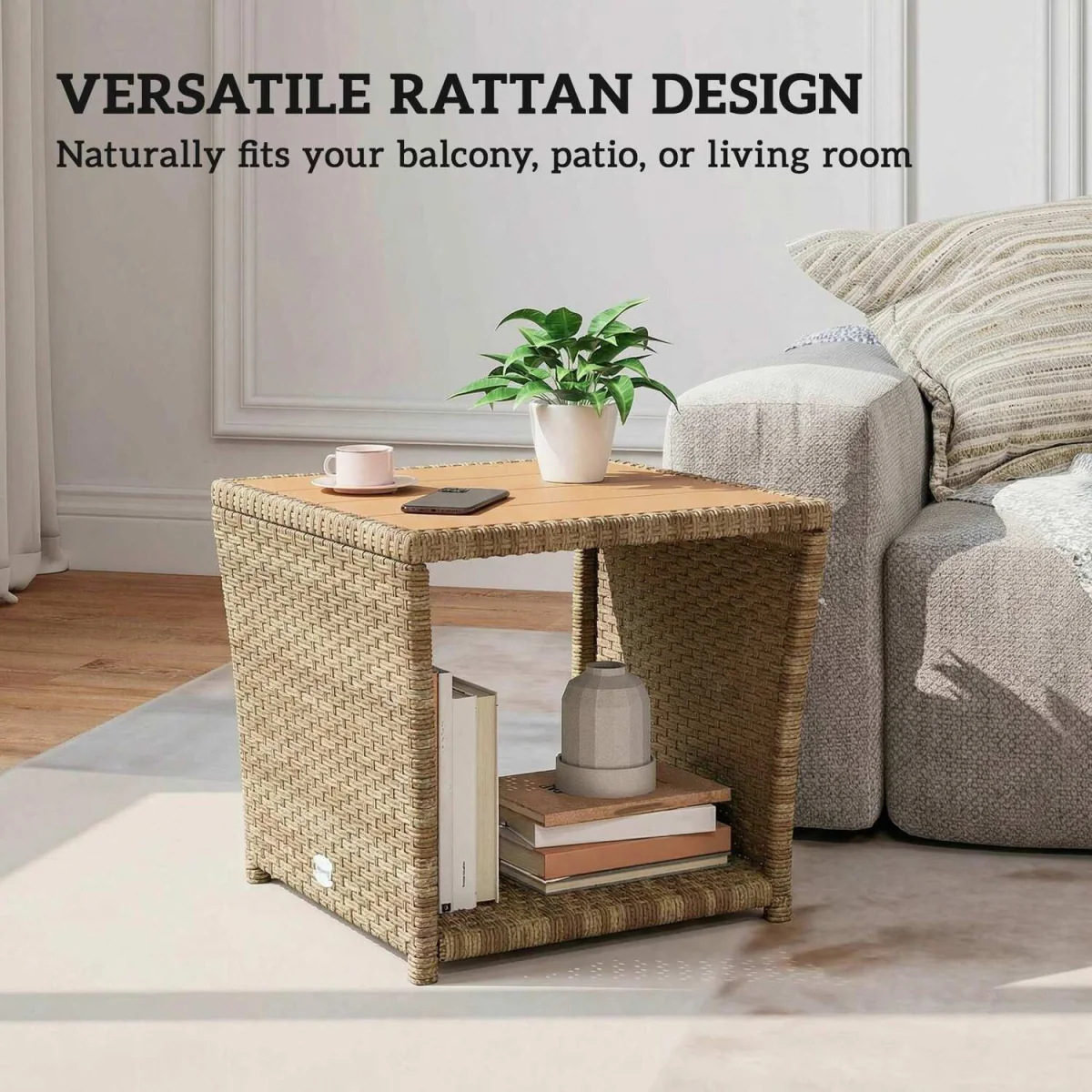 Outsunny Side Table 2-Tier with Storage Shelf - Khaki – image 7