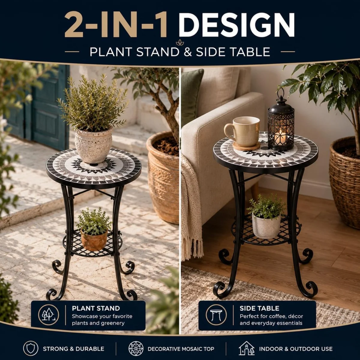 Medina Mosaic Plant Stand Side Table - Multi Color frame with mosaic tile seat – image 2