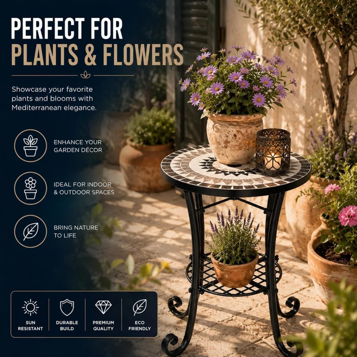 Medina Mosaic Plant Stand Side Table - Multi Color frame with mosaic tile seat – image 3