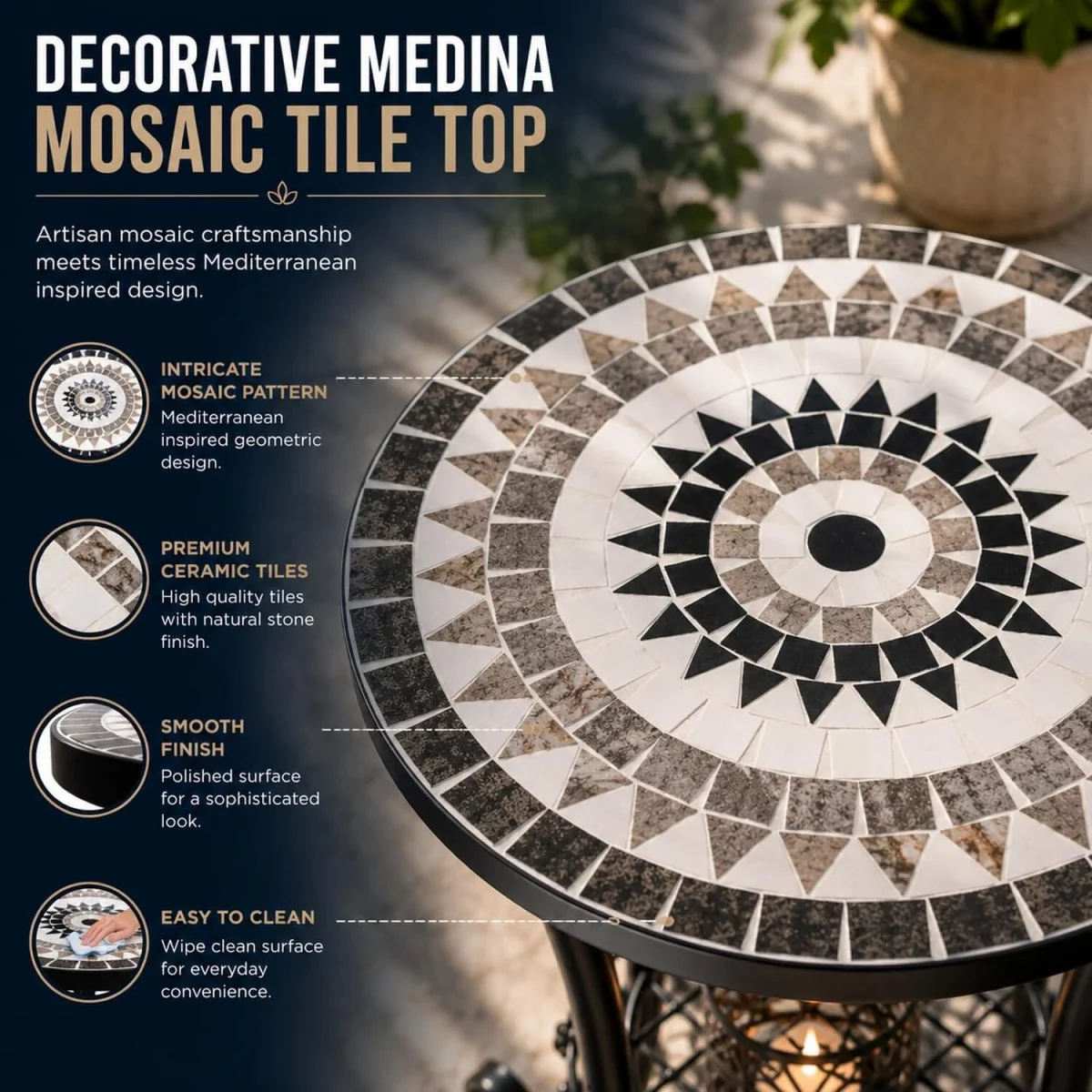 Medina Mosaic Plant Stand Side Table - Multi Color frame with mosaic tile seat – image 5