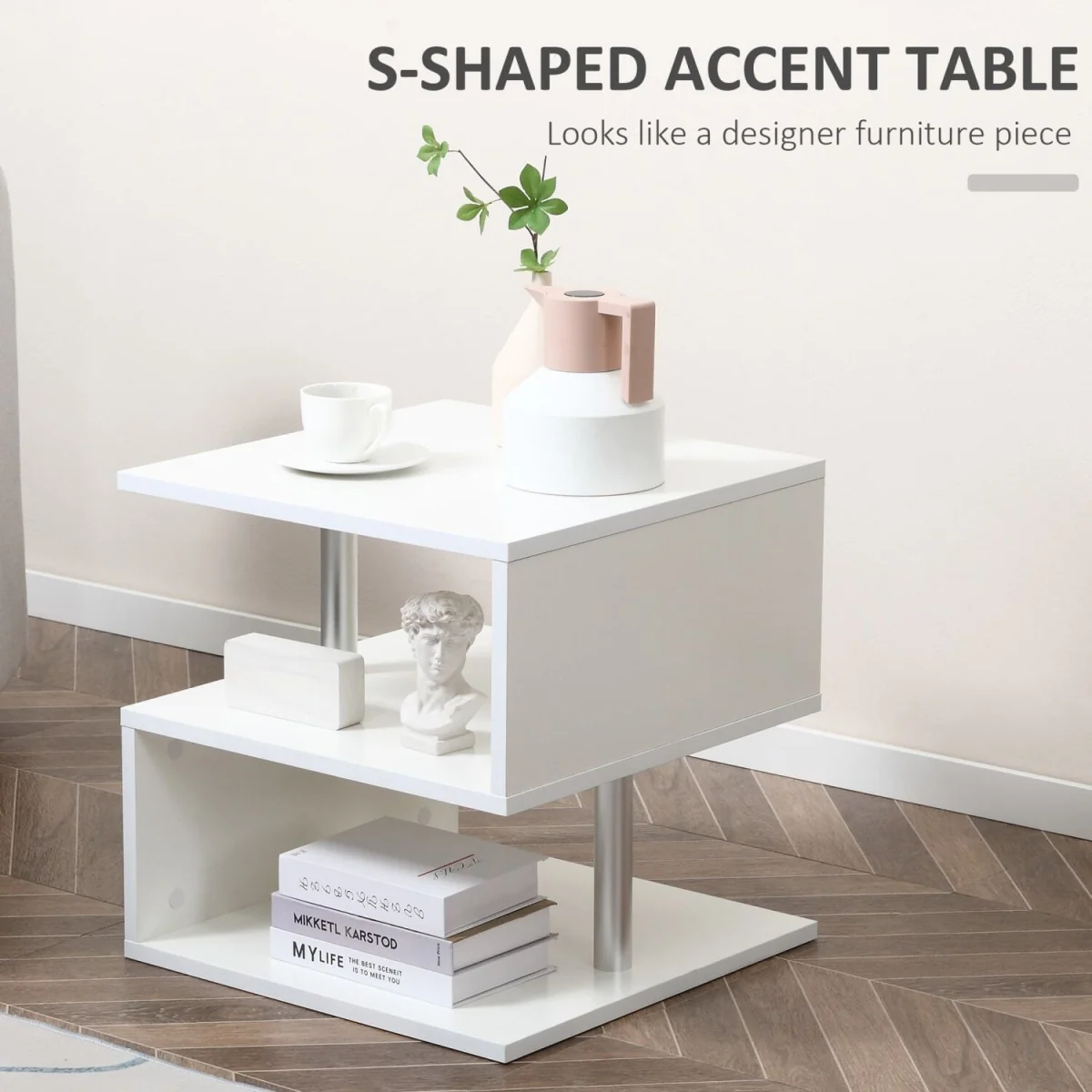 Coyora White Set of 2 S-Shaped Side Tables with 2-Tier Storage – image 2