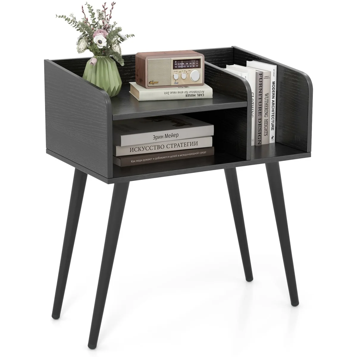Mid Century Nightstand End Table with Open Shelves - Black – image 2