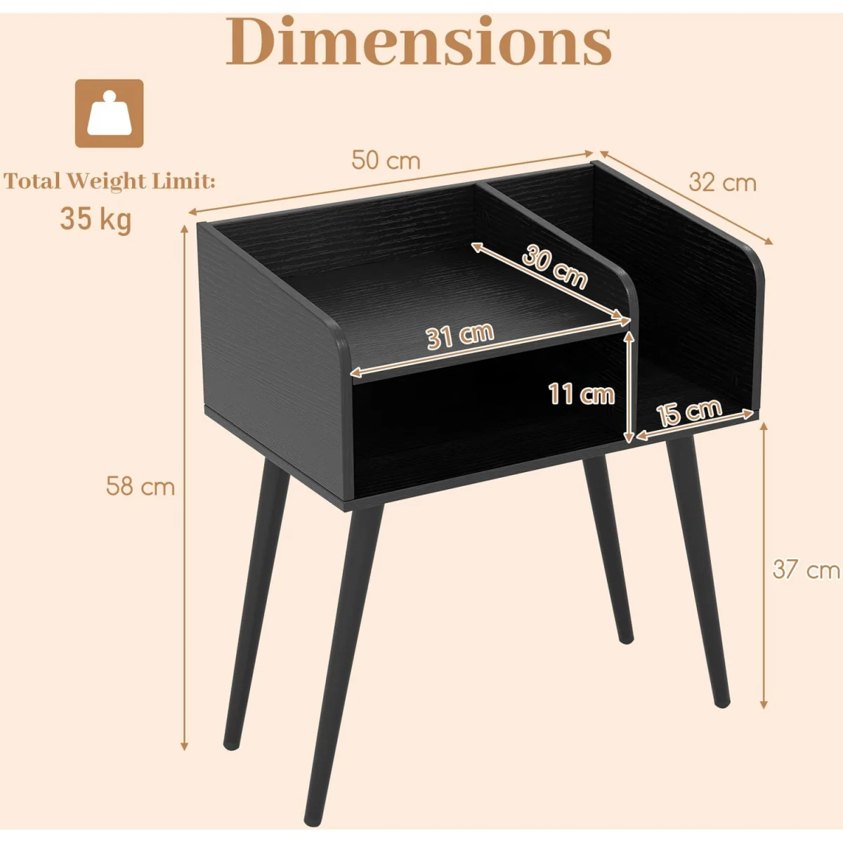Mid Century Nightstand End Table with Open Shelves - Black – image 3