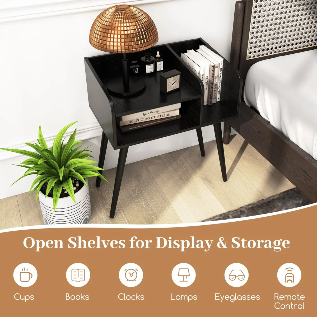 Mid Century Nightstand End Table with Open Shelves - Black – image 4
