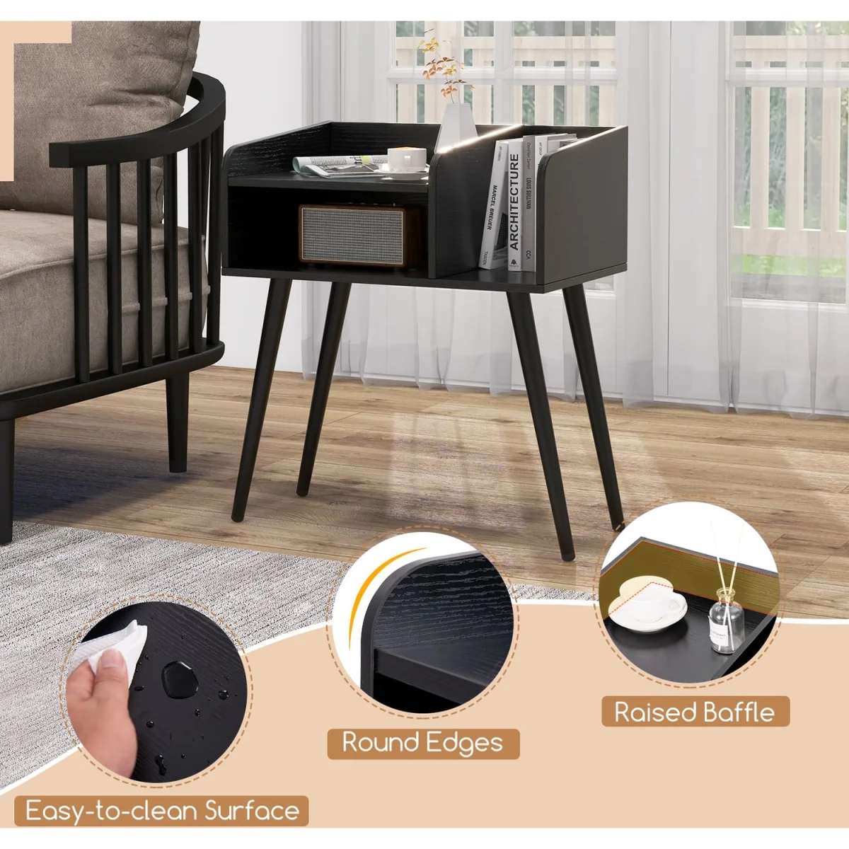 Mid Century Nightstand End Table with Open Shelves - Black – image 5