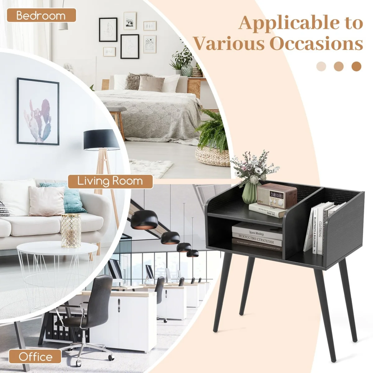 Mid Century Nightstand End Table with Open Shelves - Black – image 7