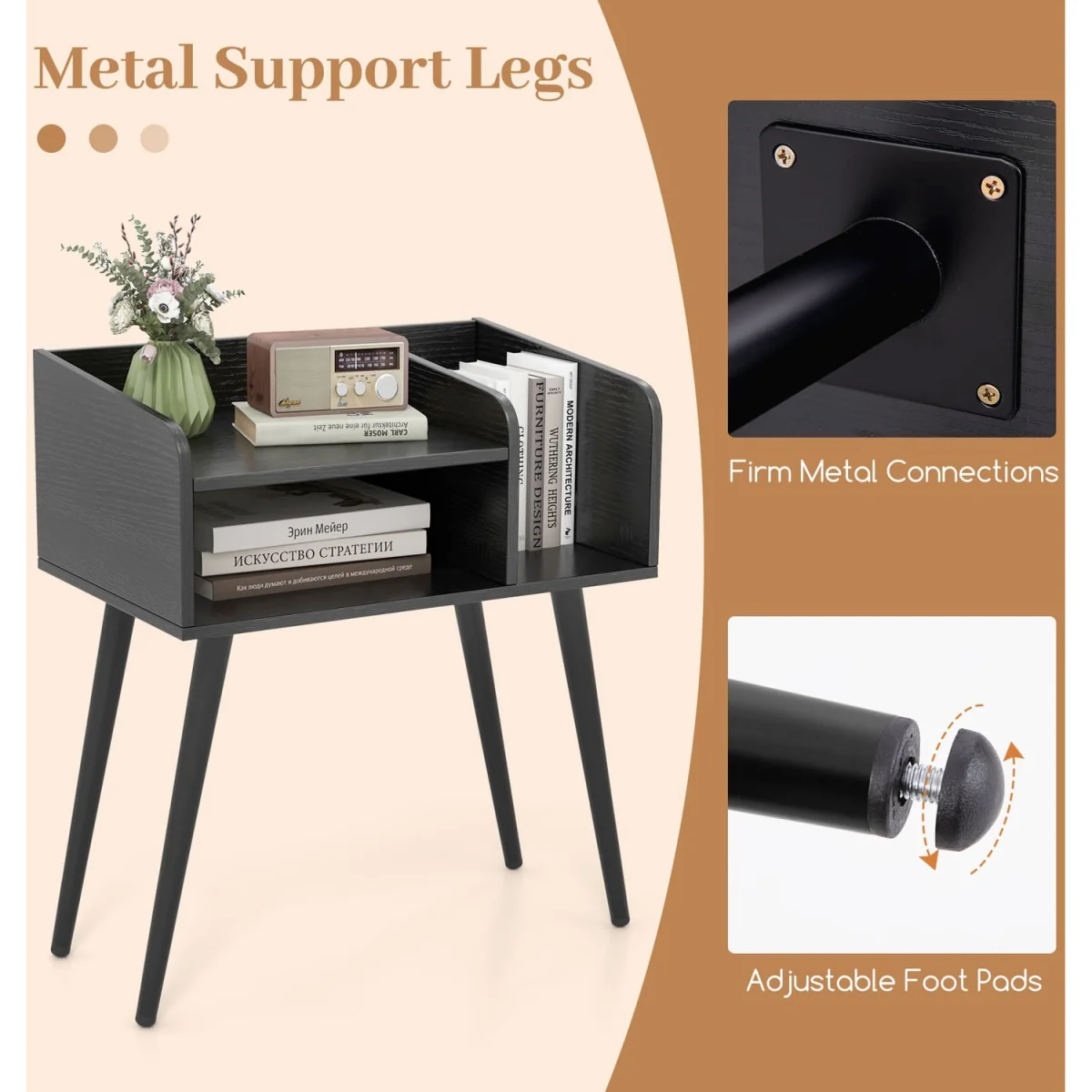 Mid Century Nightstand End Table with Open Shelves - Black – image 8