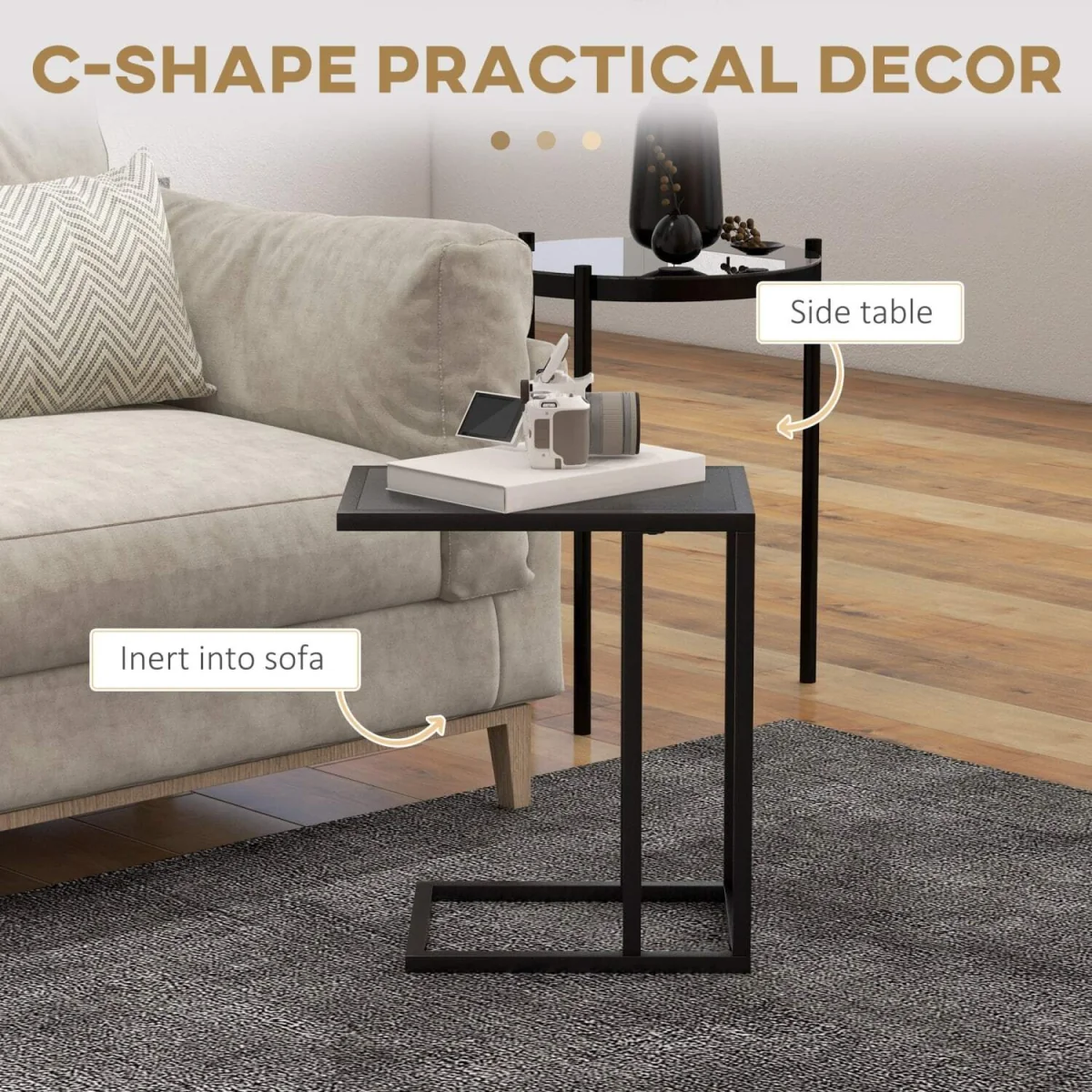 Sariso Black C-Shaped Side Table with Wood-Effect Top – image 4