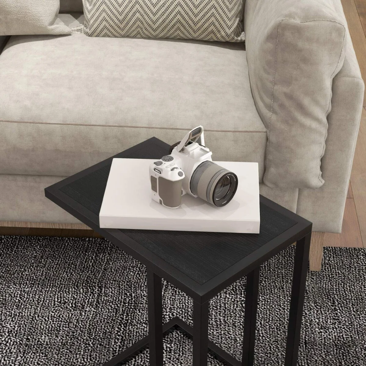 Sariso Black C-Shaped Side Table with Wood-Effect Top – image 7