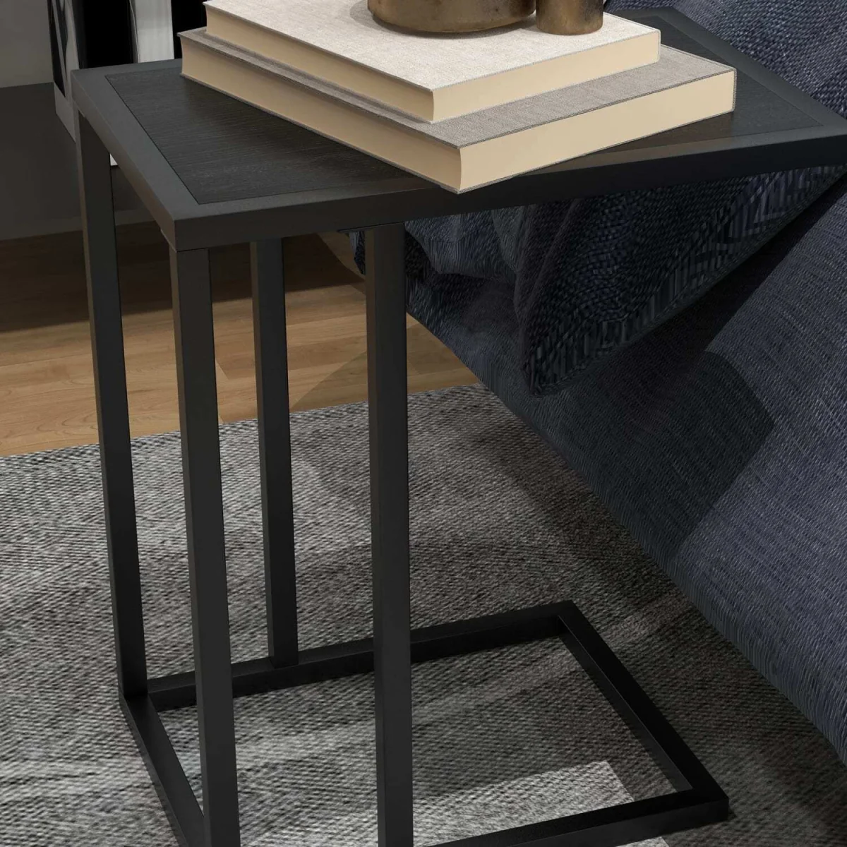 Sariso Black C-Shaped Side Table with Wood-Effect Top – image 8