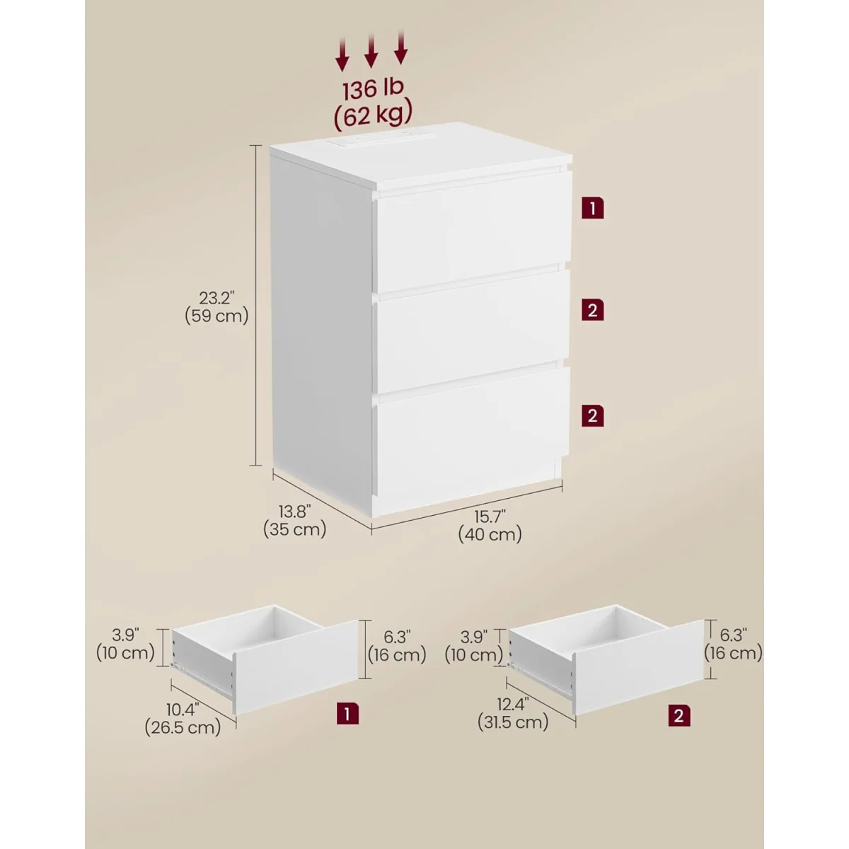 Set of 2 Side Tables with Built-In Charging Hub, Storage Drawers and Compact Bedroom Design - Cloud White – image 3