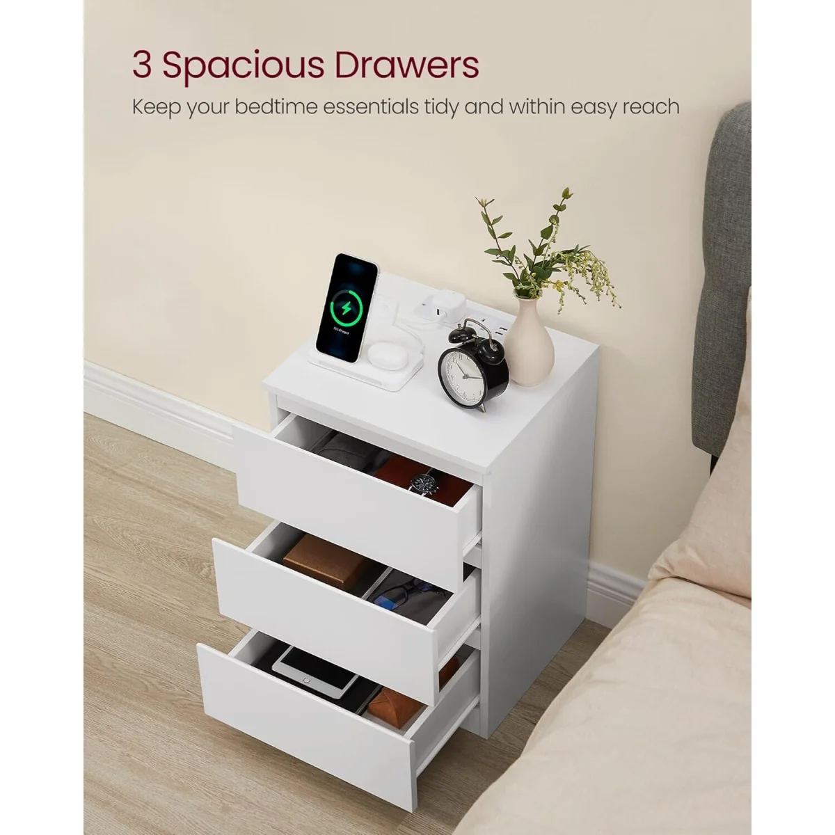 Set of 2 Side Tables with Built-In Charging Hub, Storage Drawers and Compact Bedroom Design - Cloud White – image 6