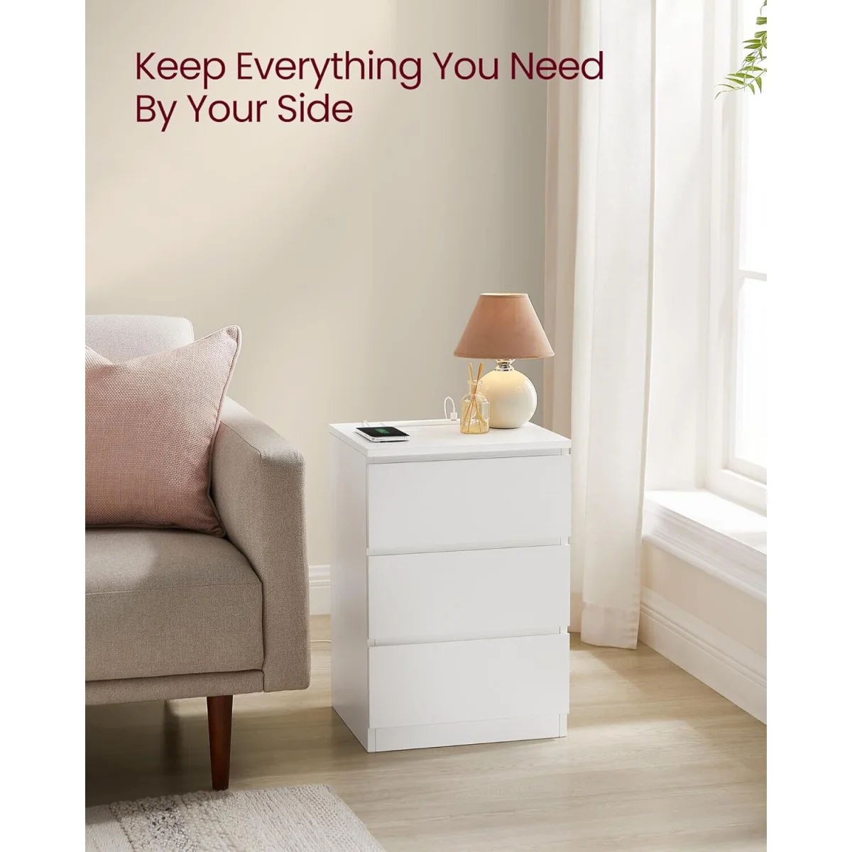 Set of 2 Side Tables with Built-In Charging Hub, Storage Drawers and Compact Bedroom Design - Cloud White – image 7