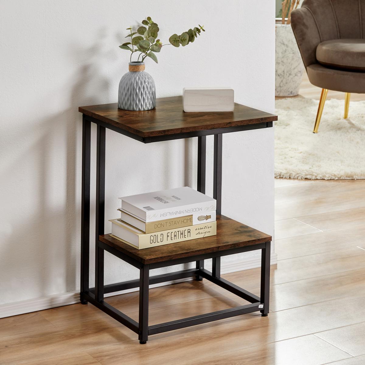 Double Layer Side Table with Steel Frame Rustic Brown - Gold and White – image 16
