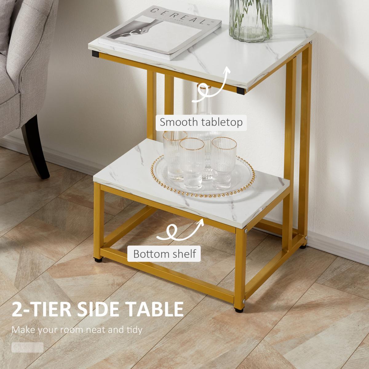 Double Layer Side Table with Steel Frame Rustic Brown - Gold and White – image 5