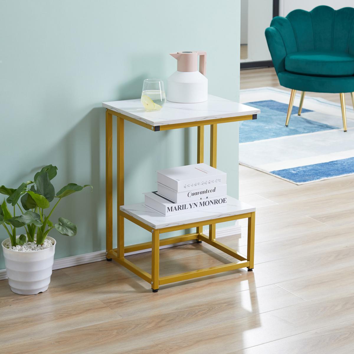 Double Layer Side Table with Steel Frame Rustic Brown - Gold and White – image 9