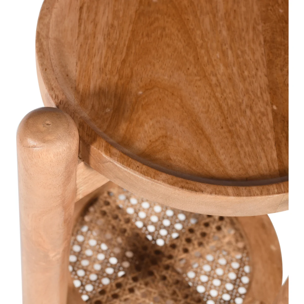 Solid Mango Wood Round Side Table with Cane Shelf & Tray Top - Natural – image 2