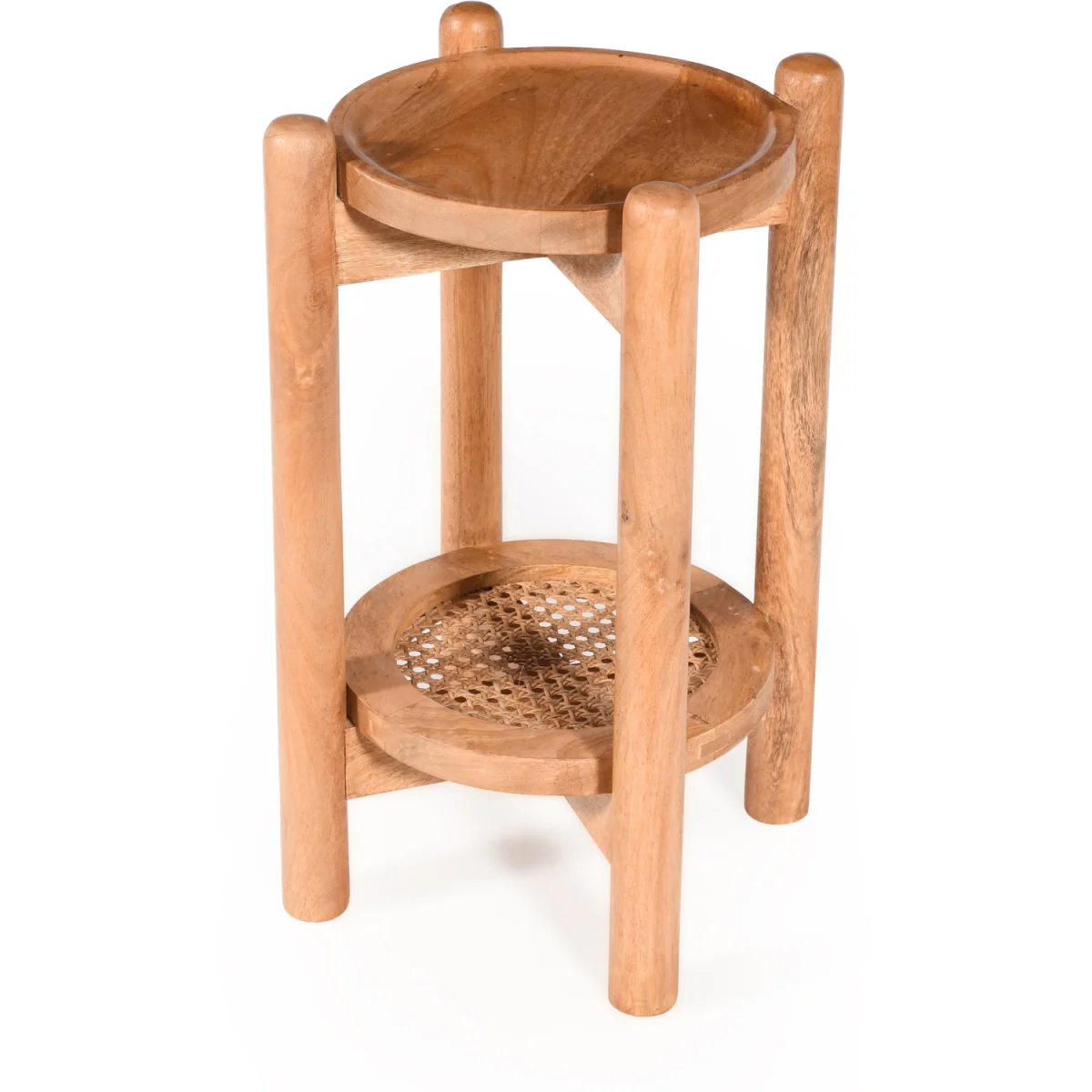 Solid Mango Wood Round Side Table with Cane Shelf & Tray Top - Natural – image 3