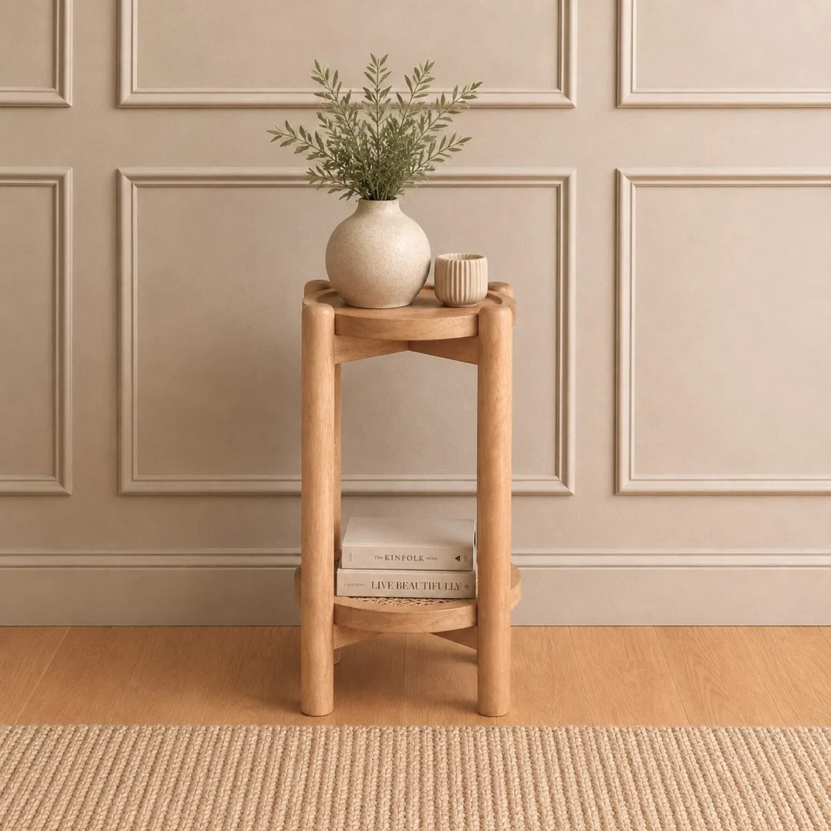 Solid Mango Wood Round Side Table with Cane Shelf & Tray Top - Natural – image 1