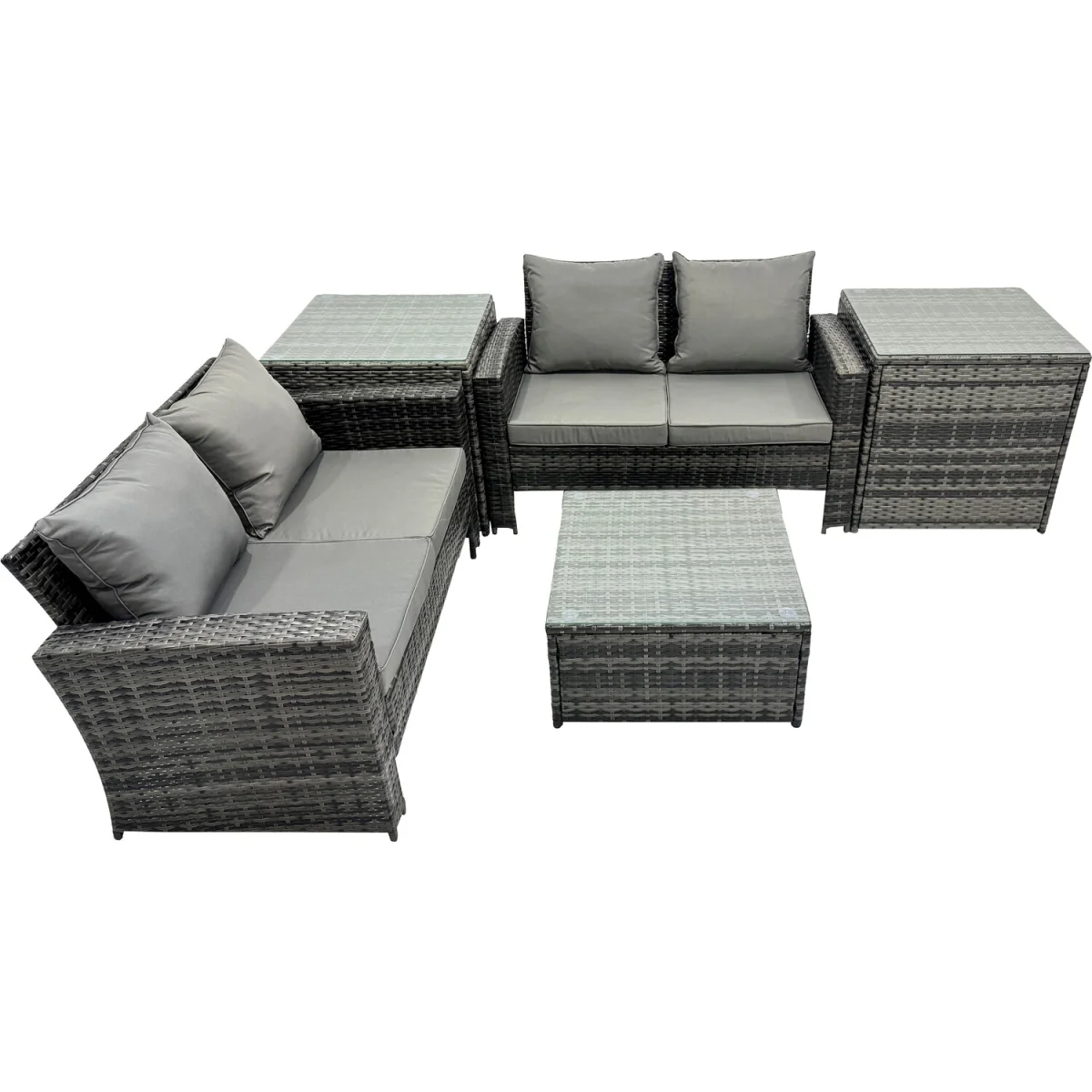 Fimous PE Rattan Patio Set 2x 2-Seater Sofas, Coffee and 2 Side Tables Dark Grey - Dark grey mixed rattan with dark grey fabric – image 3