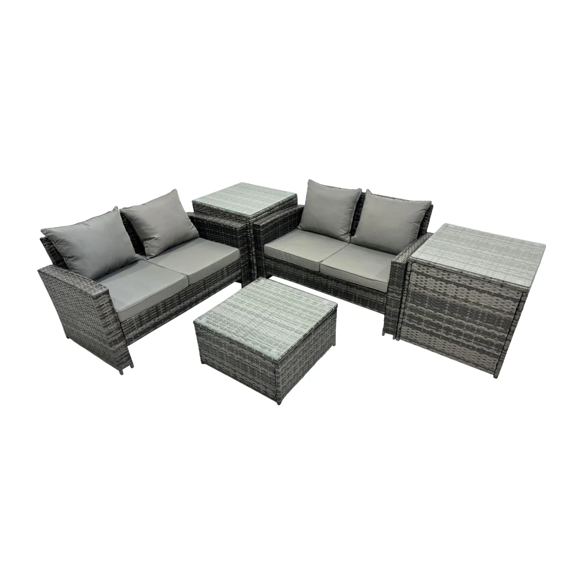 Fimous PE Rattan Patio Set 2x 2-Seater Sofas, Coffee and 2 Side Tables Dark Grey - Dark grey mixed rattan with dark grey fabric – image 1