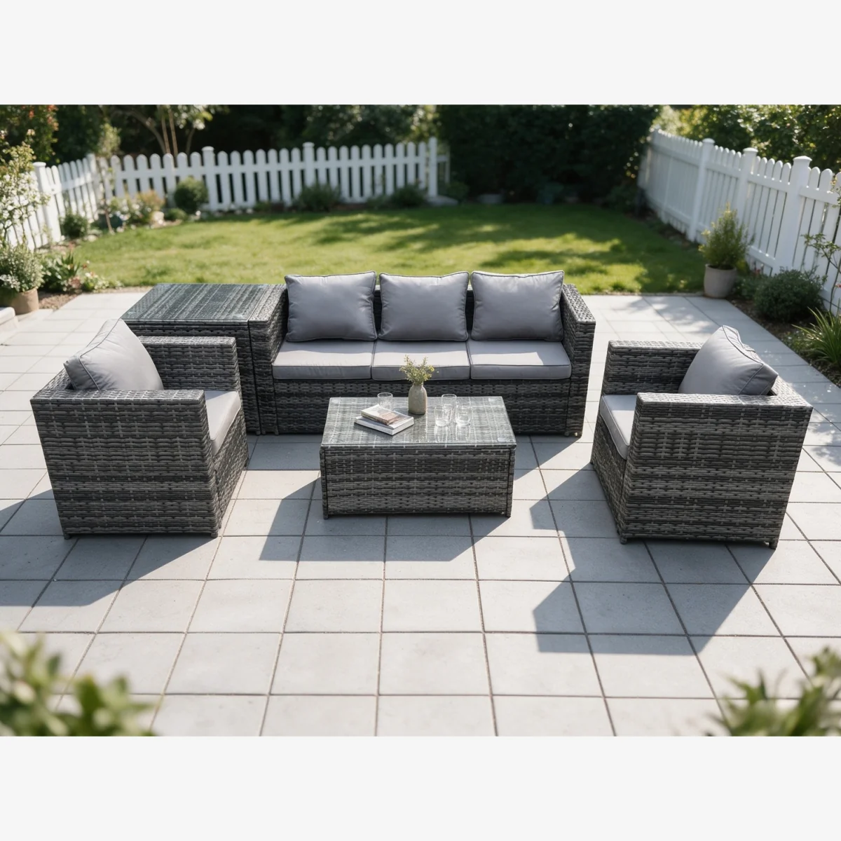 Fimous Rattan Lounge Set with Sofa, Coffee Table, Side Table & Chairs - Dark Grey – image 1