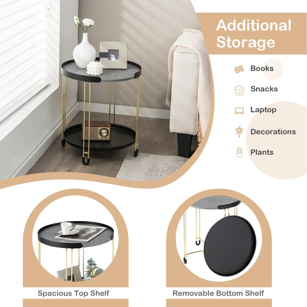 Costway 2-Tier Round Side Table-Black - Black – image 4