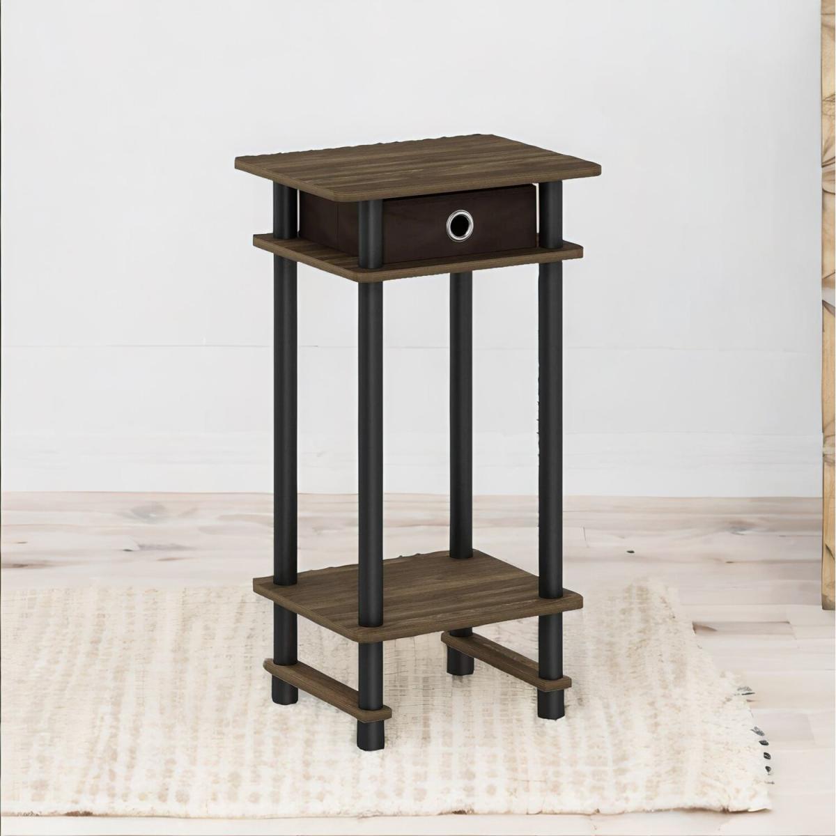 Industrial Rustic Side Table With Fabric Drawer - Brown