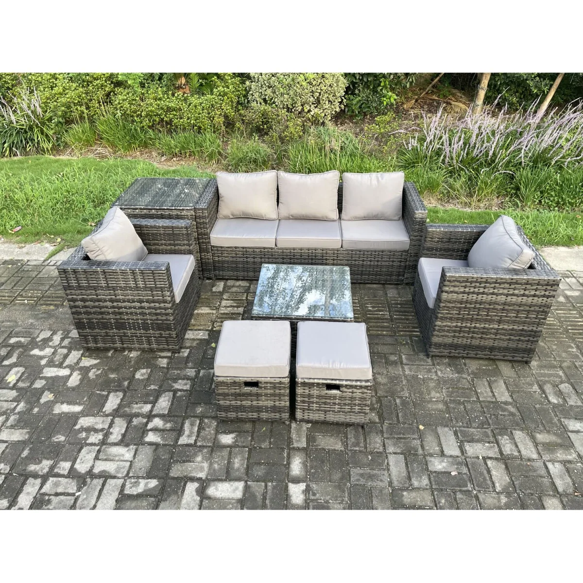 Fimous 7-Piece Rattan Set with Armchair, Side Table & 2 Footstools - Dark Grey – image 3