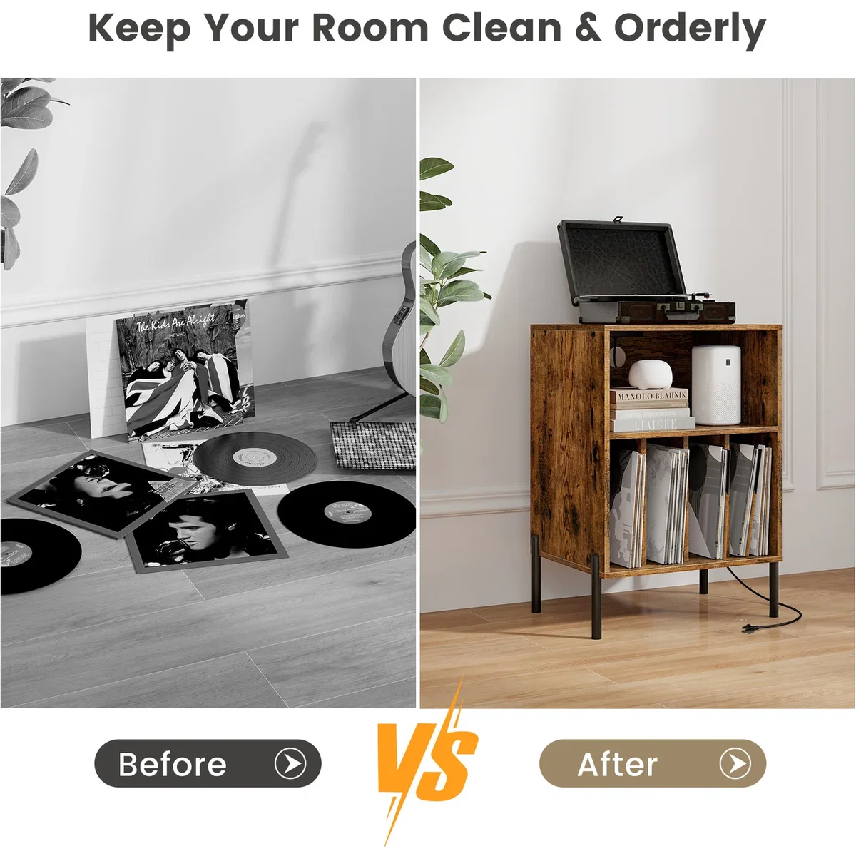 Costway Record Player Stand with Charging Station - Brown – image 4