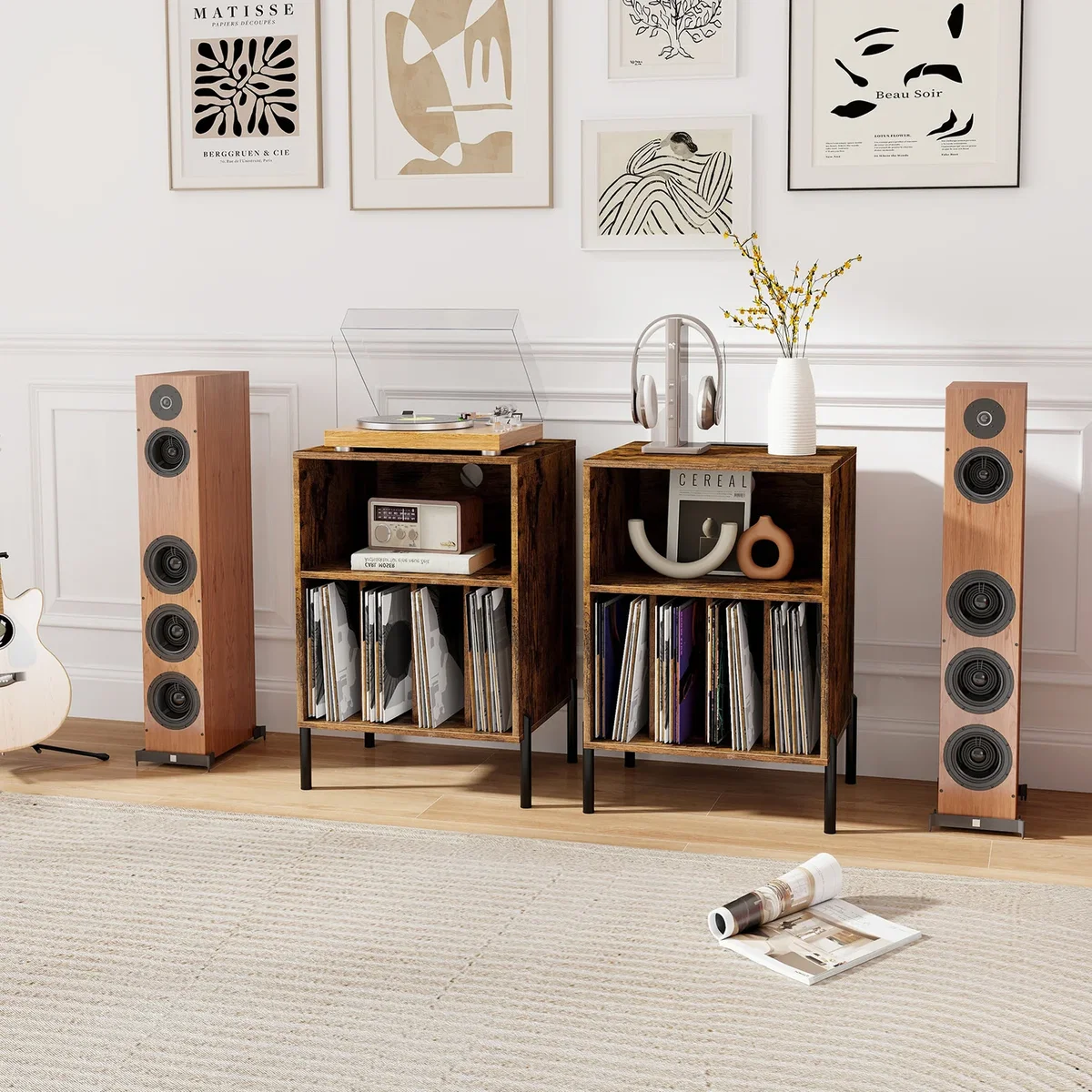 Costway Record Player Stand with Charging Station - Brown – image 5