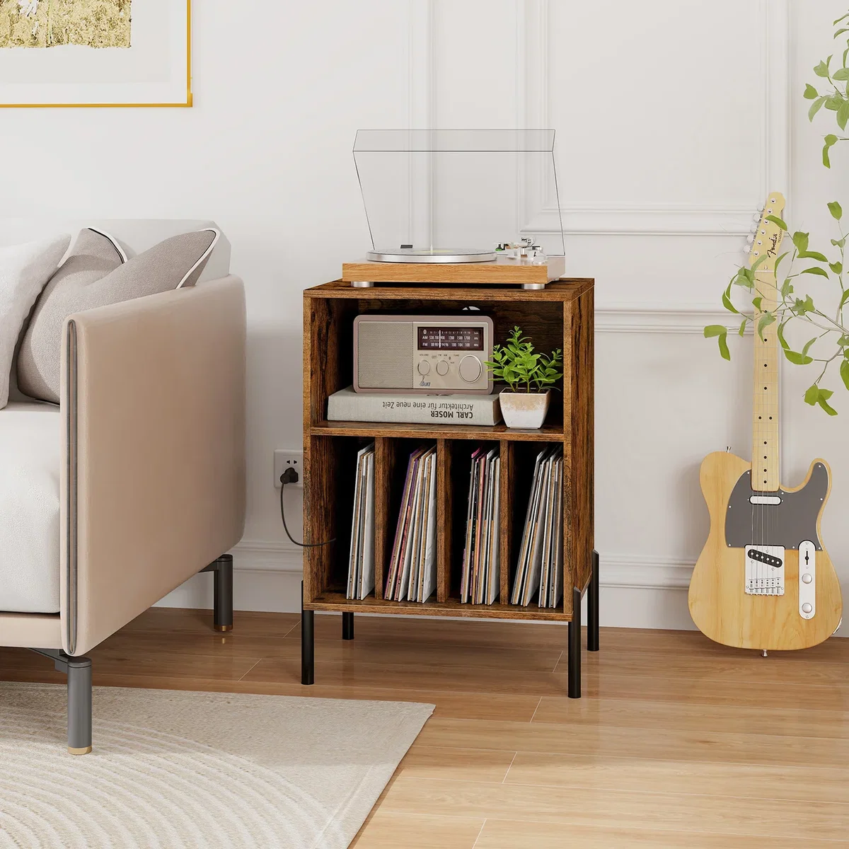 Costway Record Player Stand with Charging Station - Brown – image 6