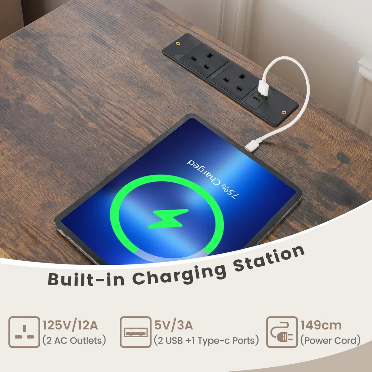 Costway Record Player Stand with Charging Station - Brown – image 7