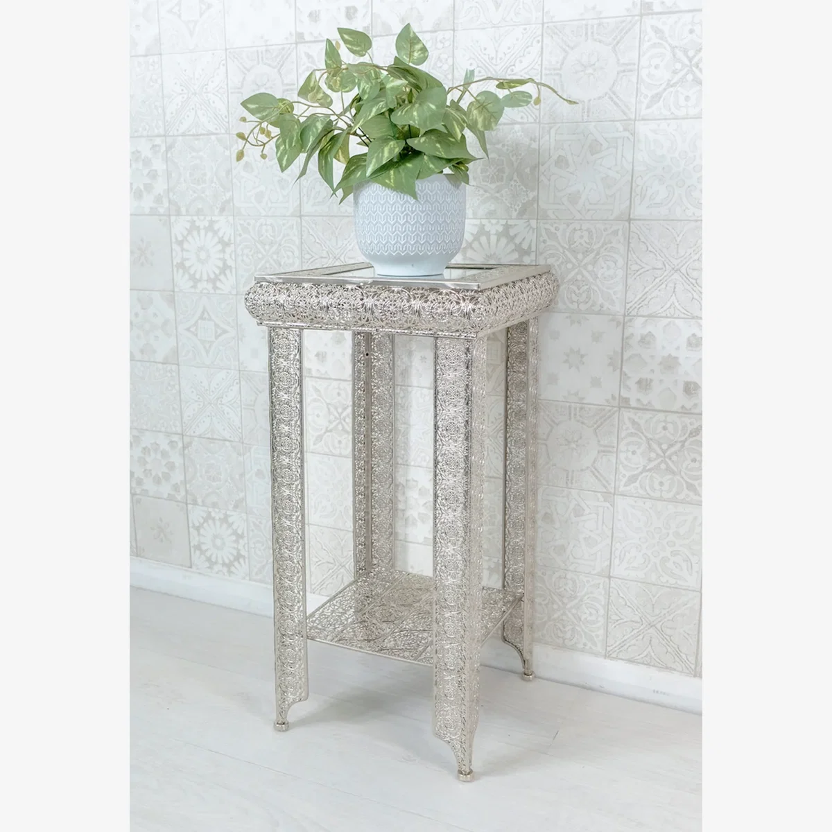 Silver Embossed Metal Mirrored Glass Side Table with Shelf - Agadir Collection - Silver