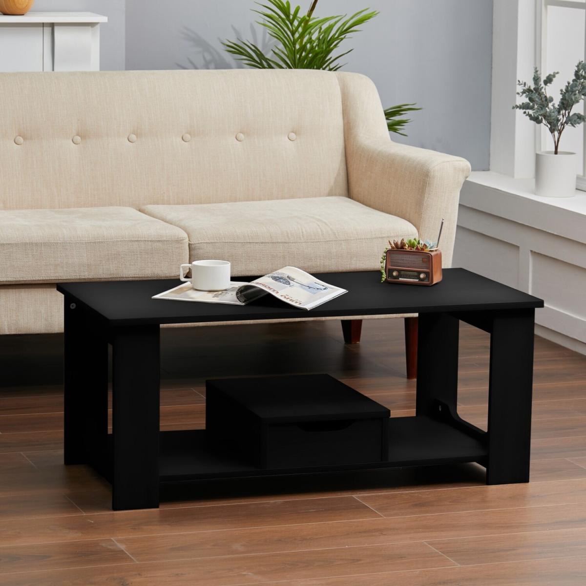 2 Layer Wooden Side Table With Slide Drawer Living Room Furniture - Black – image 6